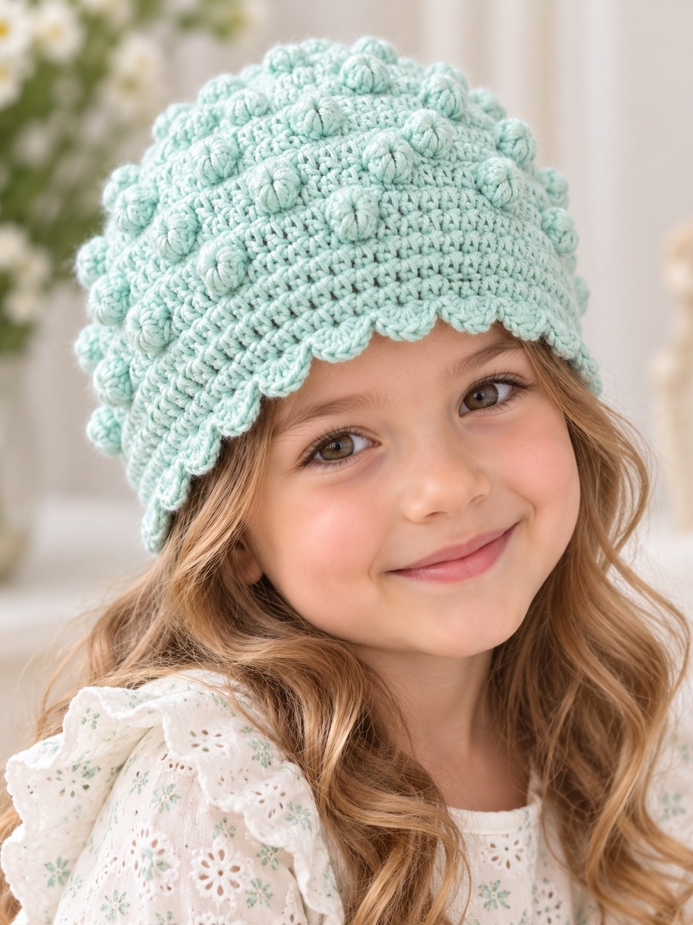 Kids Crochet Bobble Beanie Hat - Mint